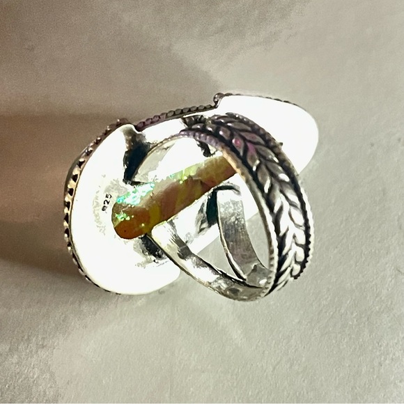 New 925 Sterling Silver Green Yellow Triplet Opalite Artisten Tear Drop Ring - Picture 4 of 17